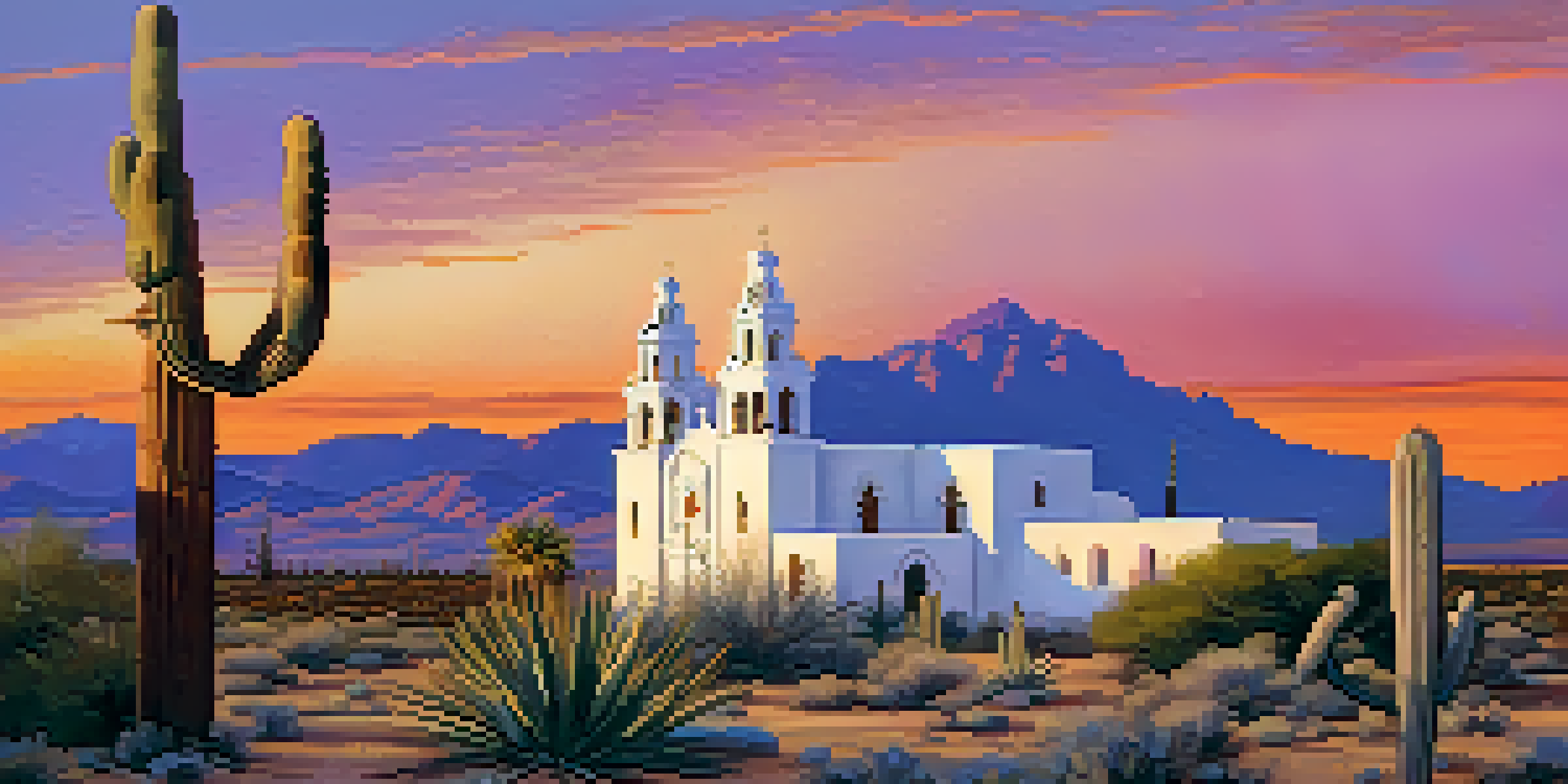 A sunset view of the San Xavier del Bac Mission in Tucson, surrounded by desert flora.
