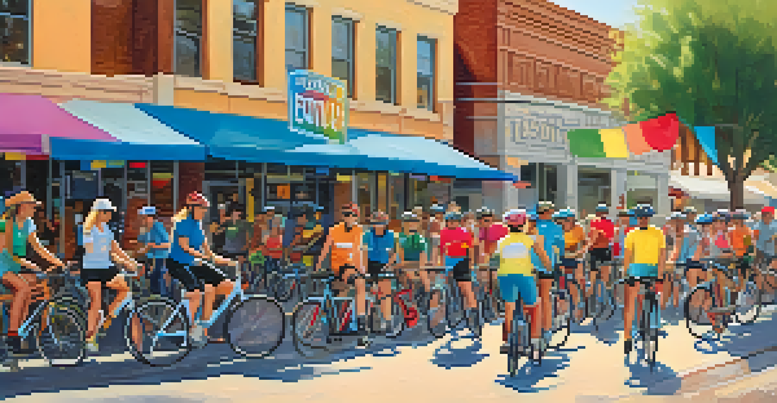 A community cycling event in Tucson with diverse cyclists socializing at a café, surrounded by bicycles and festive decorations.