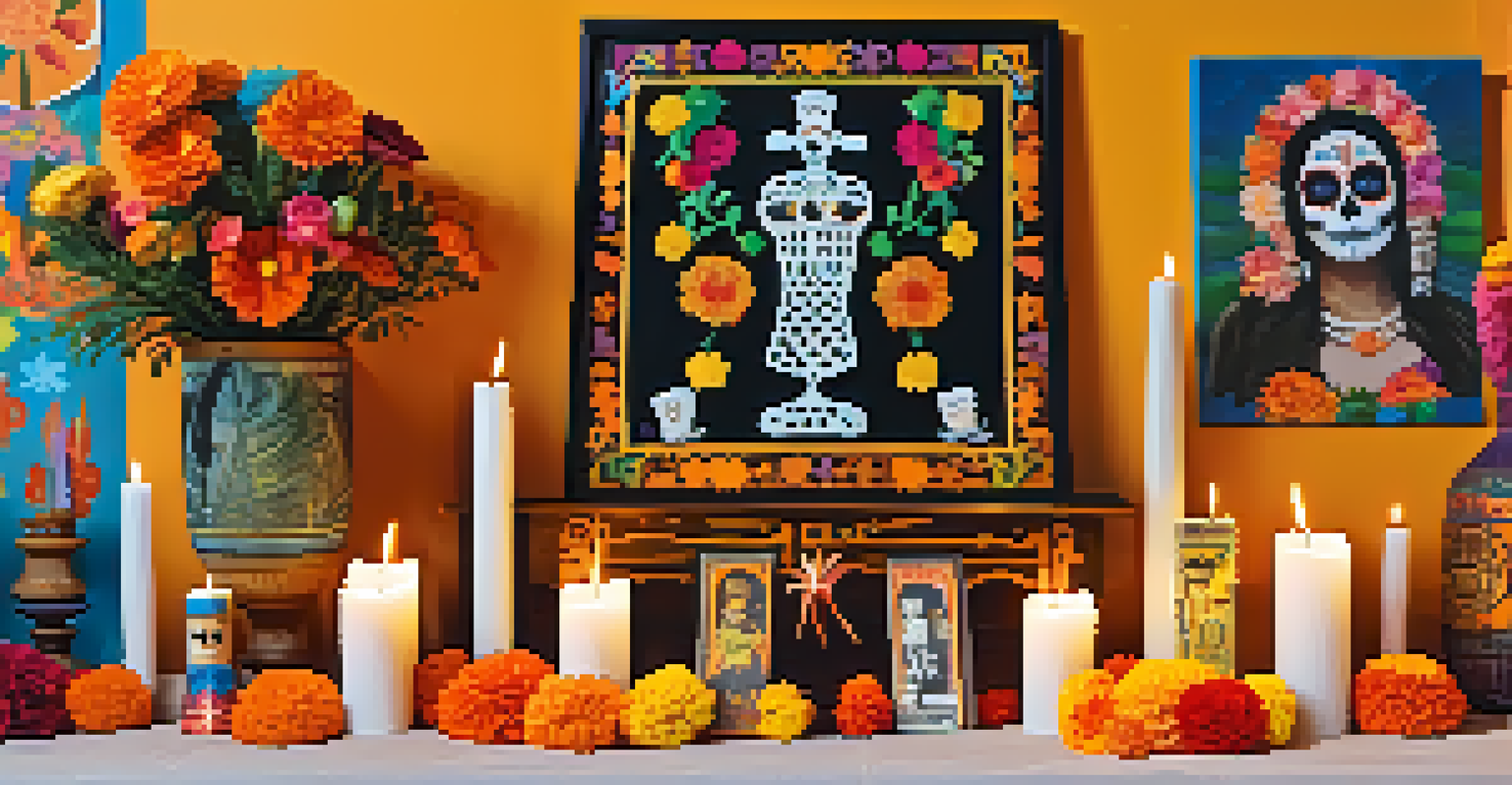 A detailed view of a Dia de los Muertos altar with colorful decorations and candles, highlighting cultural traditions.