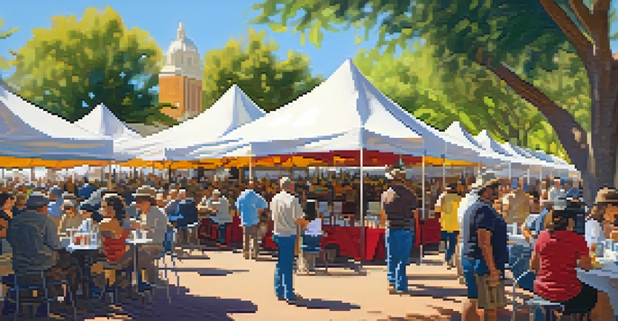 A lively outdoor coffee festival with colorful tents and people enjoying coffee under sunlight.