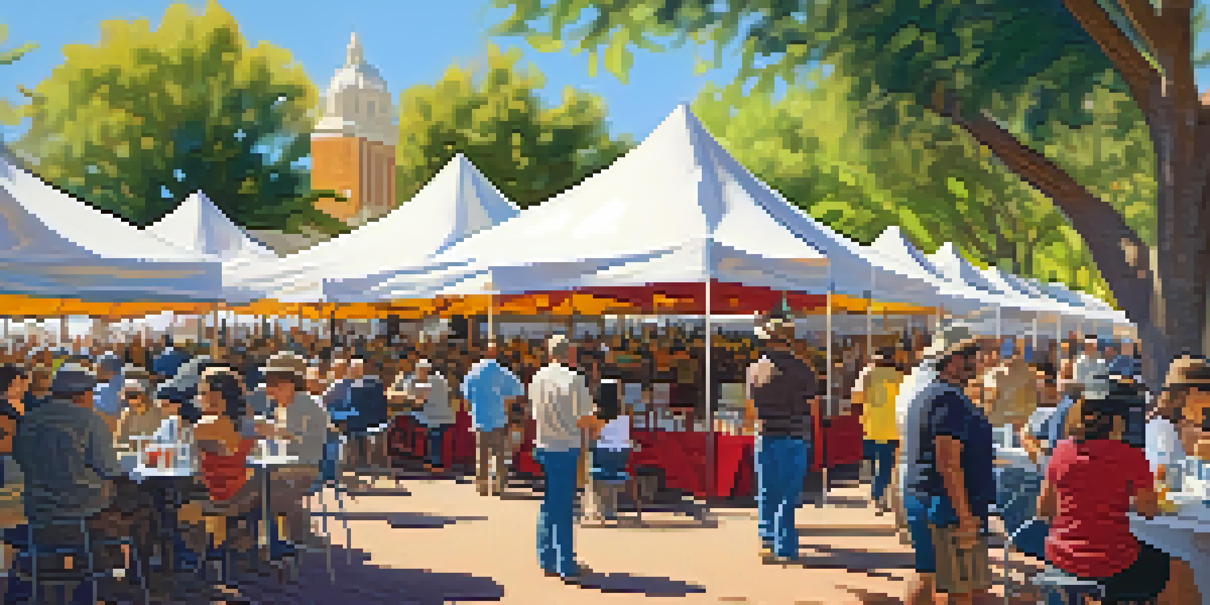 A lively outdoor coffee festival with colorful tents and people enjoying coffee under sunlight.