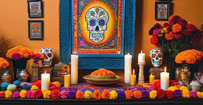 A colorful altar for Dia de los Muertos decorated with paper cuttings, sugar skulls, and marigolds, with candles and photographs of deceased loved ones.