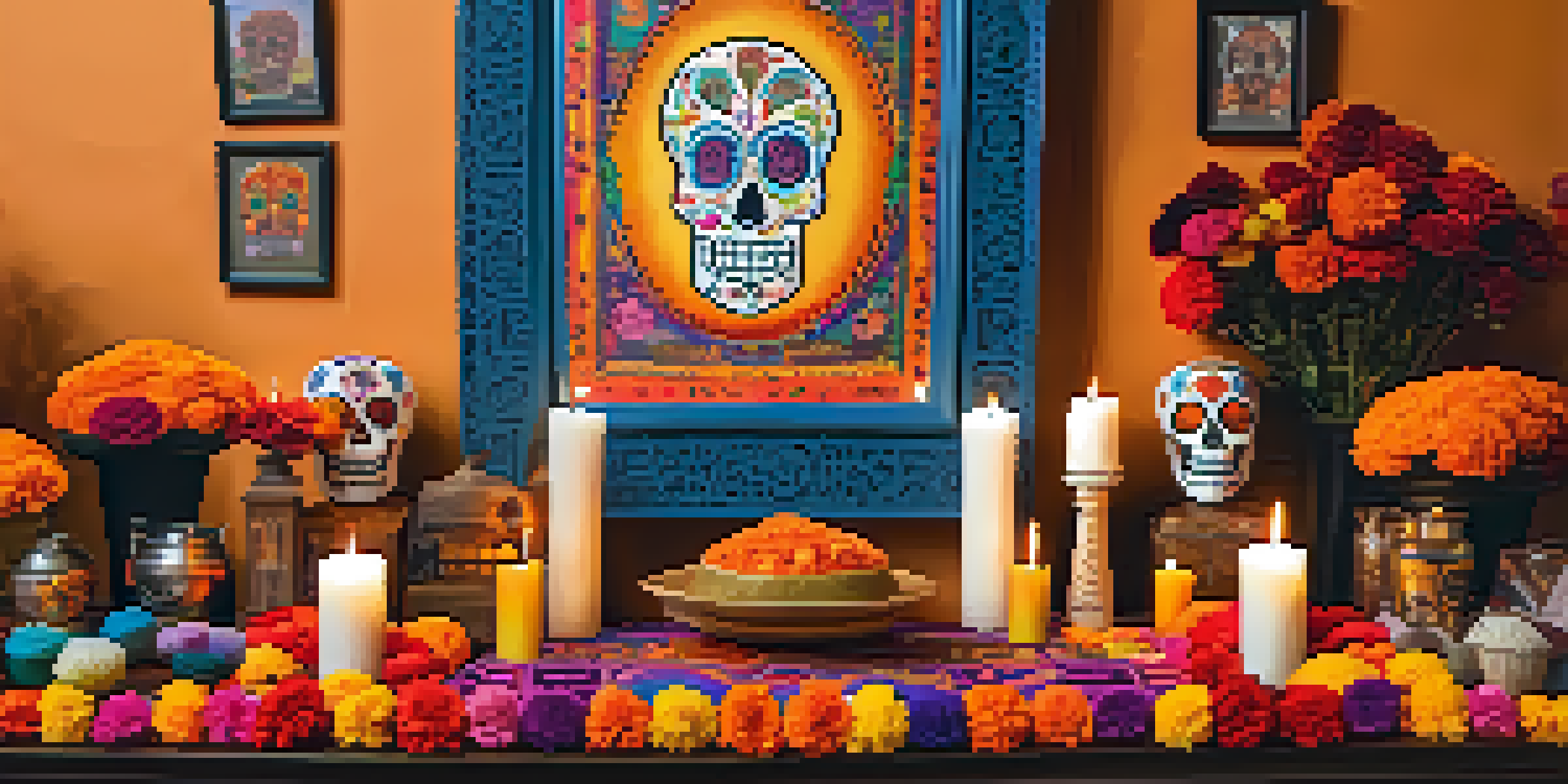 A colorful altar for Dia de los Muertos decorated with paper cuttings, sugar skulls, and marigolds, with candles and photographs of deceased loved ones.