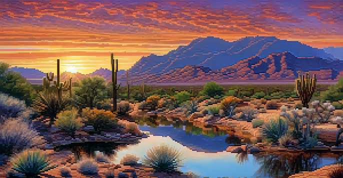 A view of Tucson's desert landscape with indigenous check dams and rock basins at sunset.