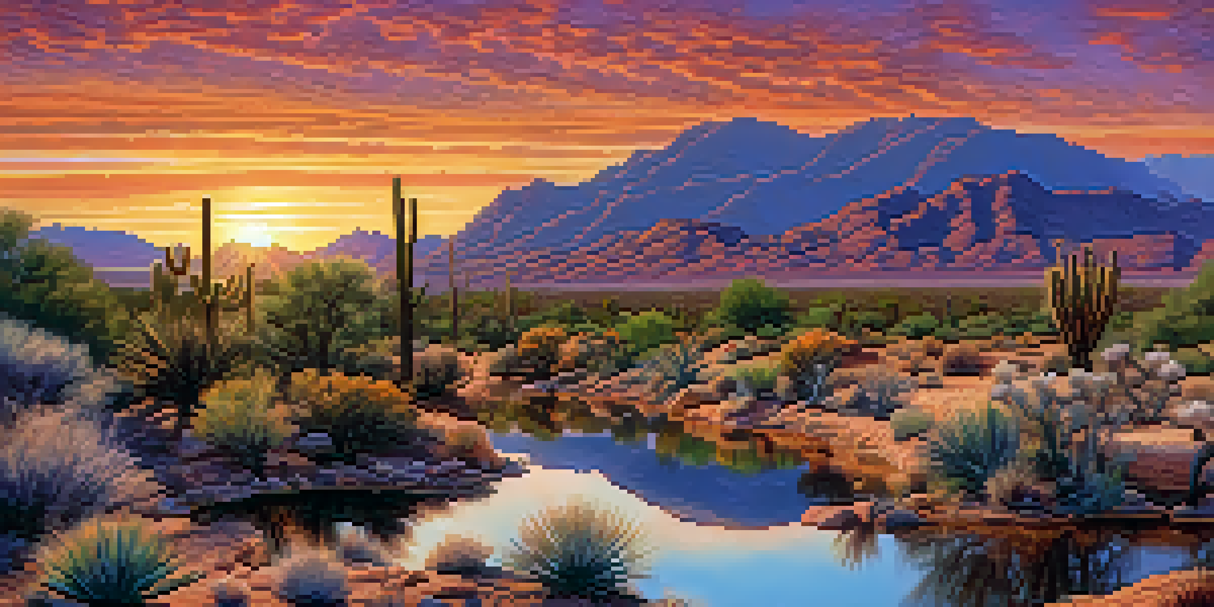 A view of Tucson's desert landscape with indigenous check dams and rock basins at sunset.