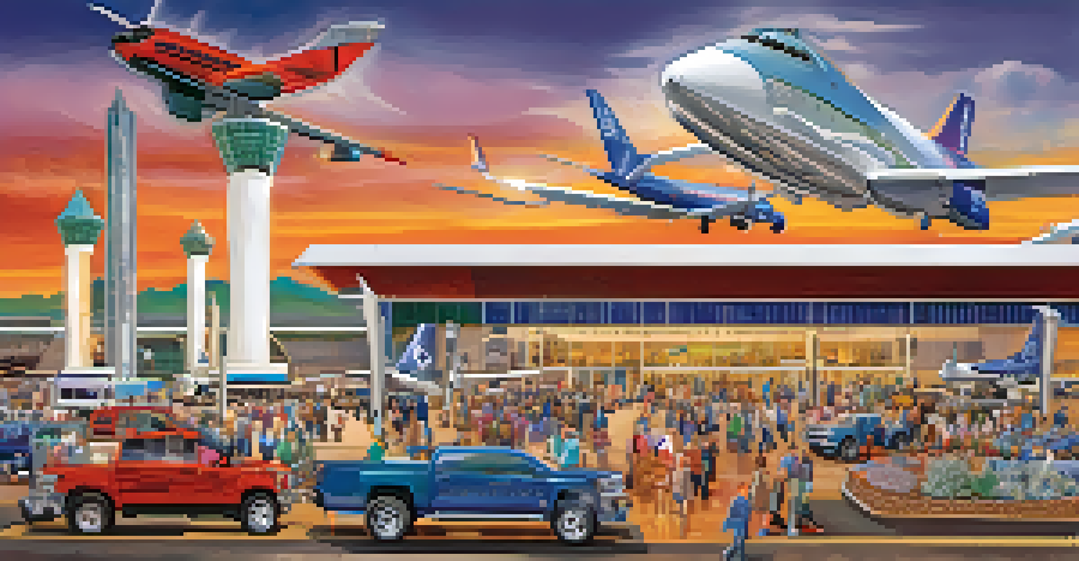 Promotional poster for the Tucson Gem and Mineral Show at the airport, featuring colorful gemstones and bustling airport interior.
