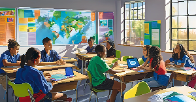 A bright classroom in Tucson with diverse students working together on a project, surrounded by educational materials and technology.