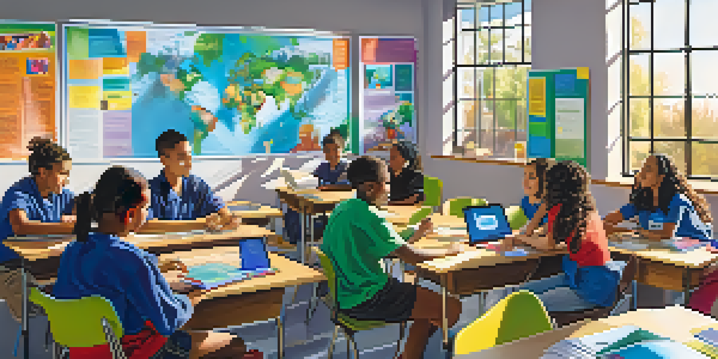 A bright classroom in Tucson with diverse students working together on a project, surrounded by educational materials and technology.