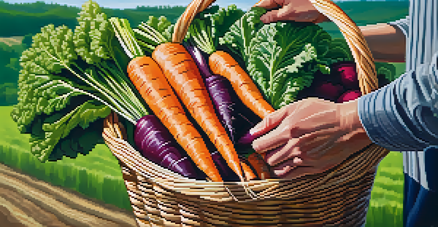 Close-up of a farmer's hands holding a basket of freshly harvested vegetables with a green field in the background.