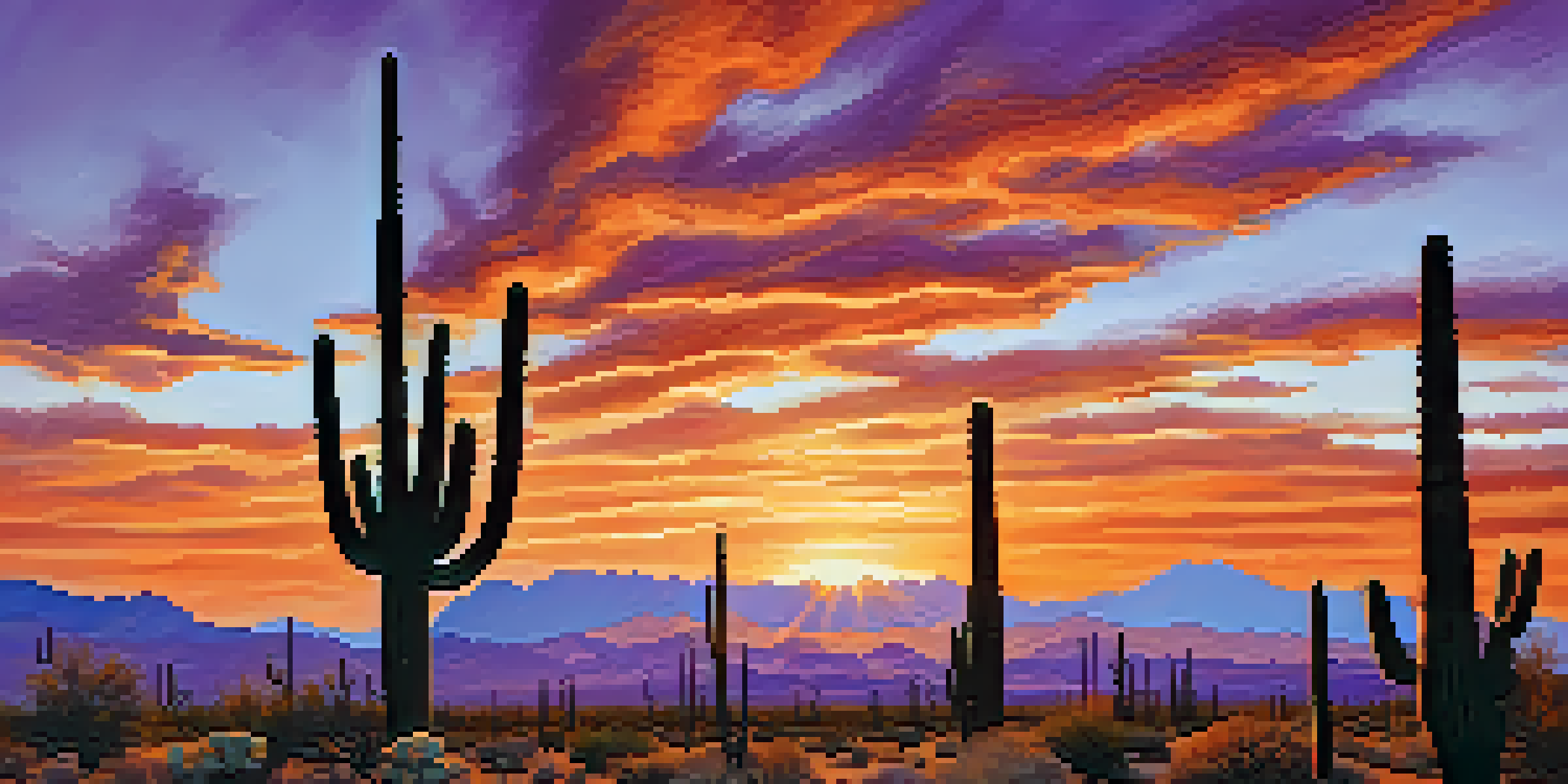 A scenic sunset view of Saguaro National Park with tall cacti silhouetted against a colorful sky.
