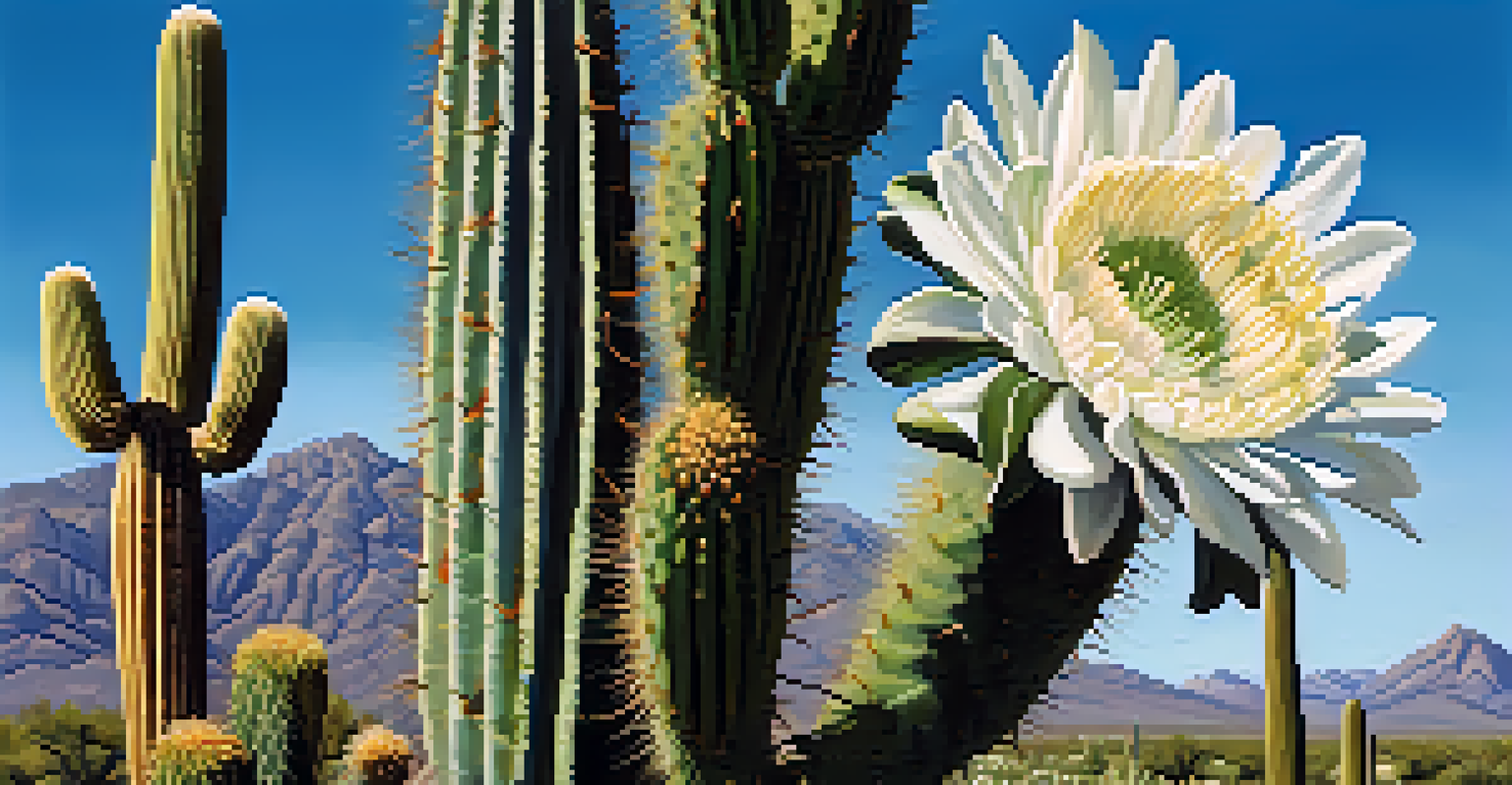 Close-up of a blooming saguaro cactus with white flowers against a blue sky, surrounded by desert plants.