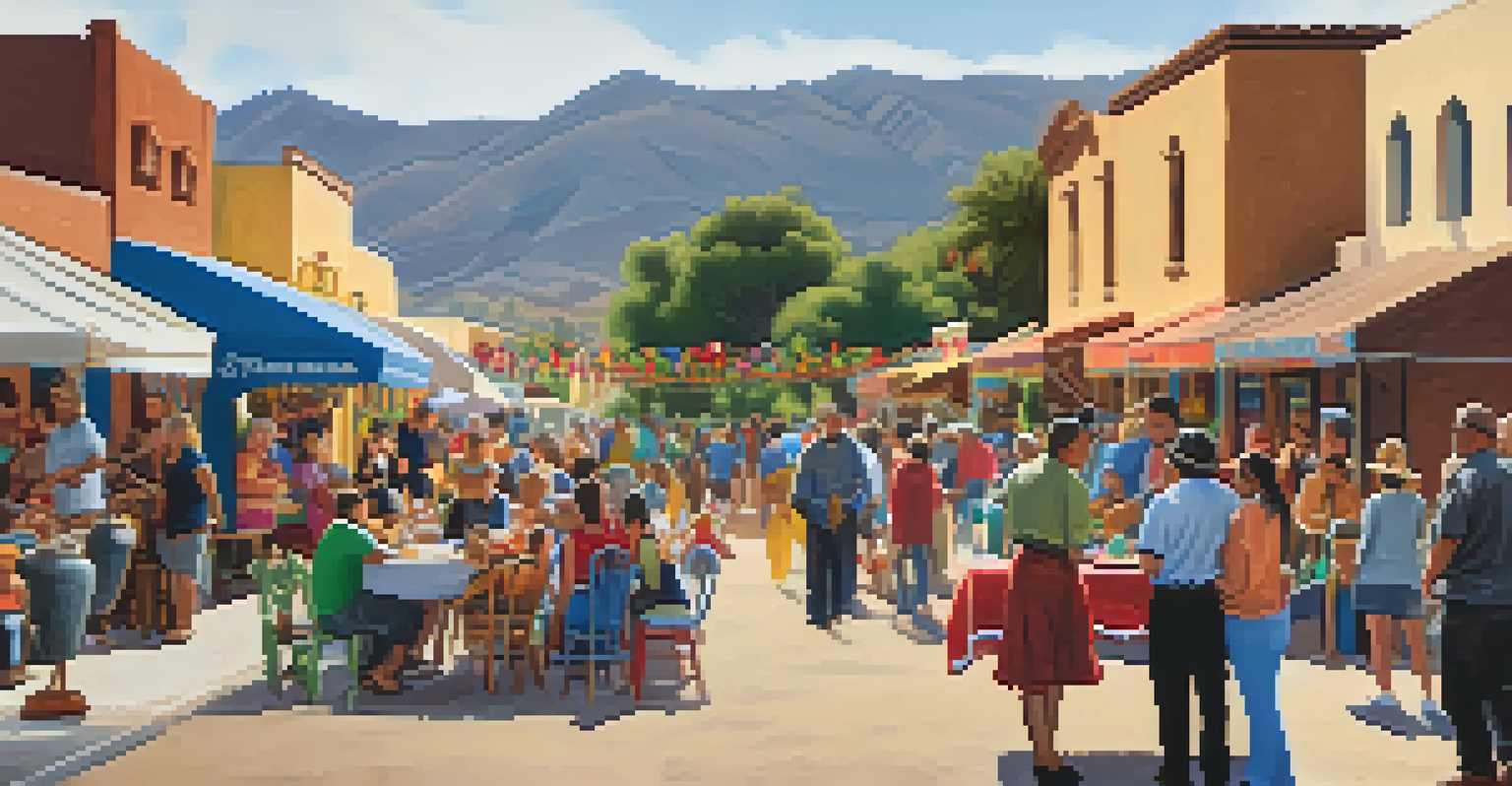 A lively festival in the El Presidio Historic District with adobe homes, historic buildings, and community members enjoying traditional activities.
