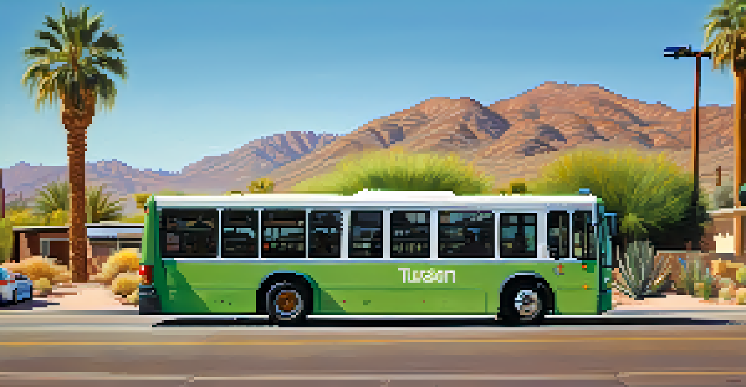 A modern Sun Tran bus in a sunny Tucson neighborhood, surrounded by cacti and palm trees under a clear blue sky.