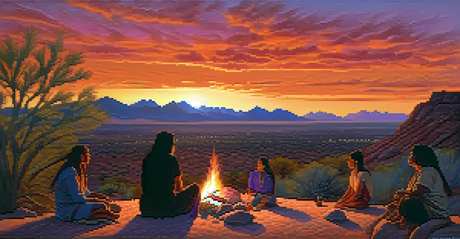 A sunset over Tucson mountains with a storyteller sharing tales by a campfire.