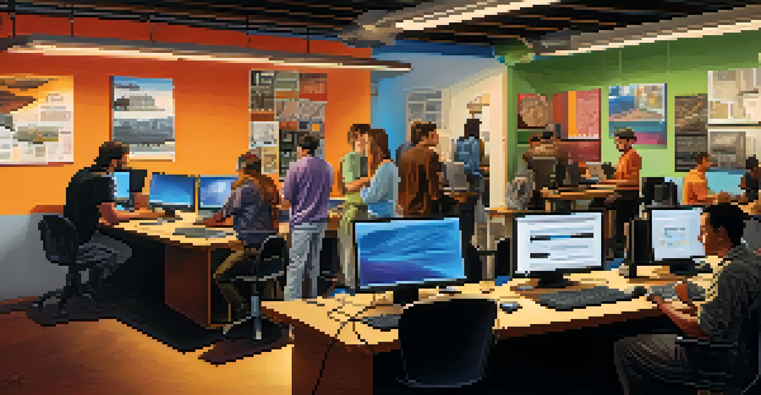 A diverse group of entrepreneurs and researchers collaborating in a cozy tech hub filled with computers and networking equipment.