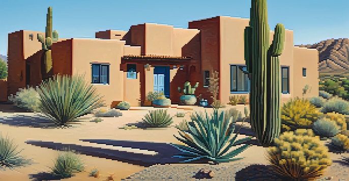 A Tucson neighborhood featuring adobe-style homes and native desert landscaping under a blue sky.