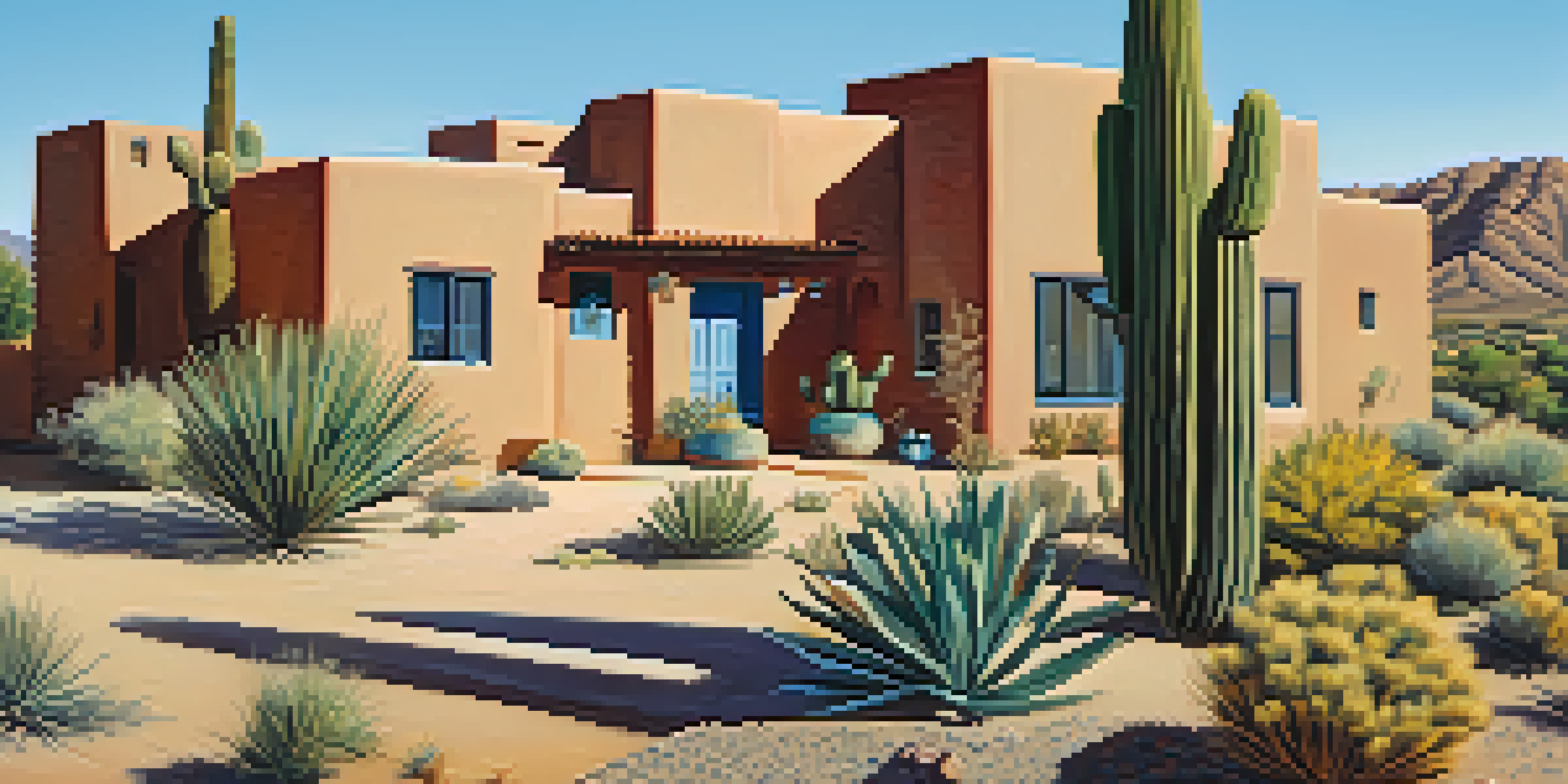 A Tucson neighborhood featuring adobe-style homes and native desert landscaping under a blue sky.