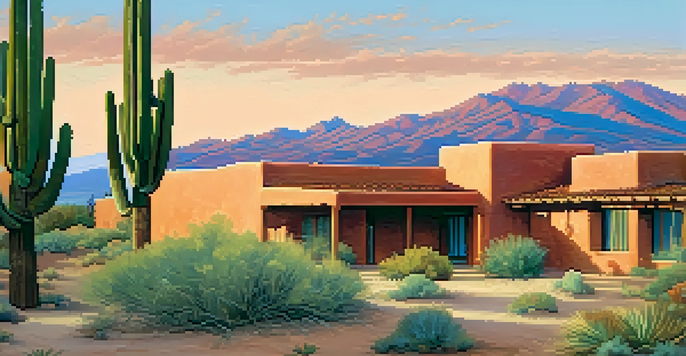 A sunset view of adobe buildings in Tucson, Arizona, with native plants in the foreground and a colorful sky.
