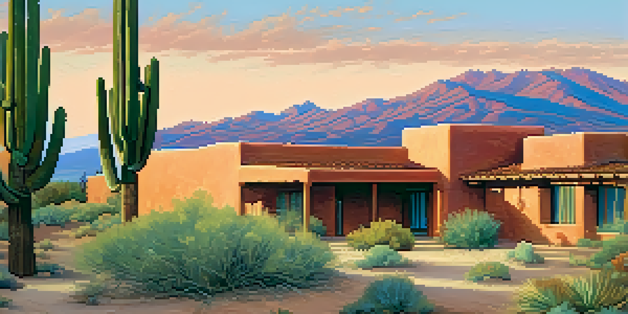 A sunset view of adobe buildings in Tucson, Arizona, with native plants in the foreground and a colorful sky.