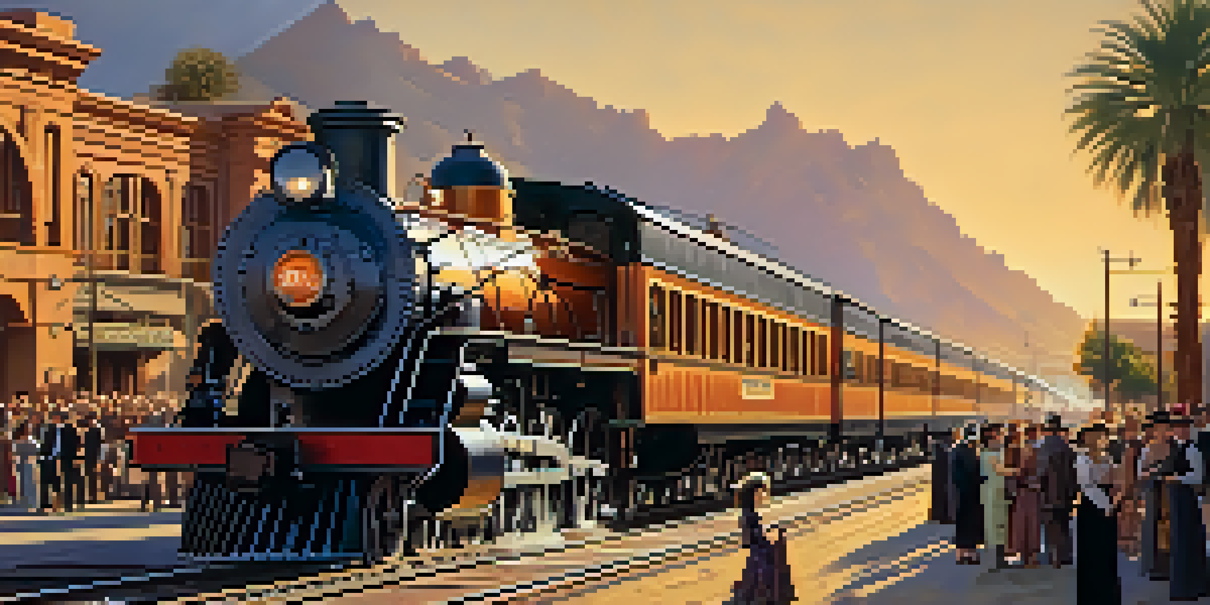 A vintage Southern Pacific Railroad train at Tucson station with a crowd in period clothing and warm sunset lighting.
