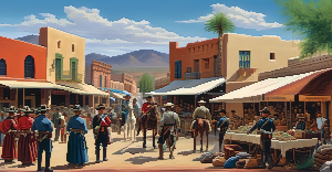 A historical scene of Tucson during the Mexican-American War, showing soldiers and local merchants in a lively marketplace with adobe buildings and colorful stalls.