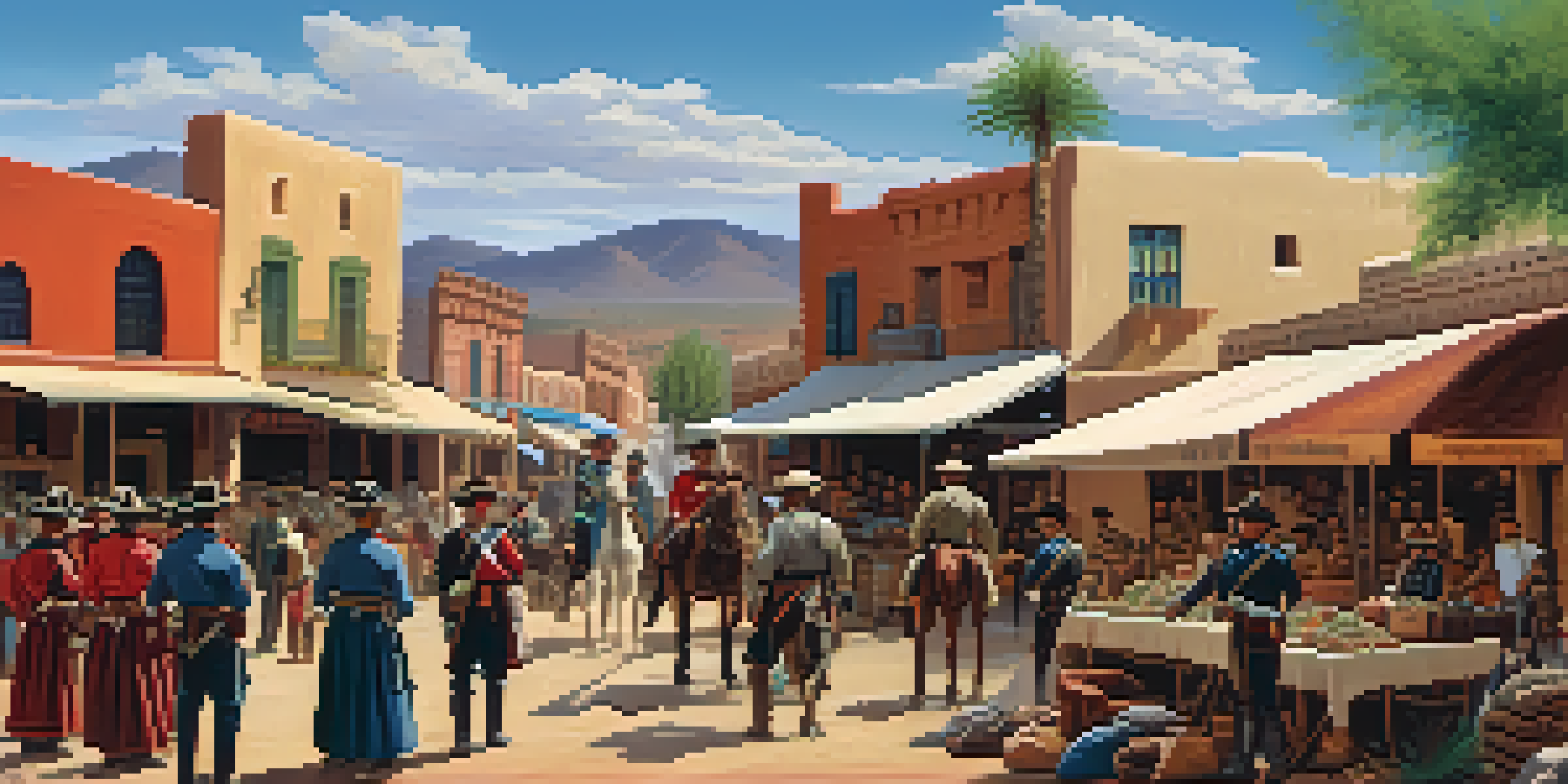 A historical scene of Tucson during the Mexican-American War, showing soldiers and local merchants in a lively marketplace with adobe buildings and colorful stalls.