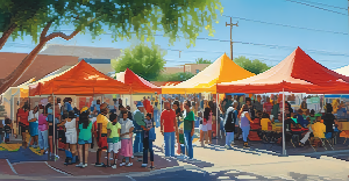 A lively community health fair in Tucson with colorful tents and diverse residents participating in health activities under bright sunlight.