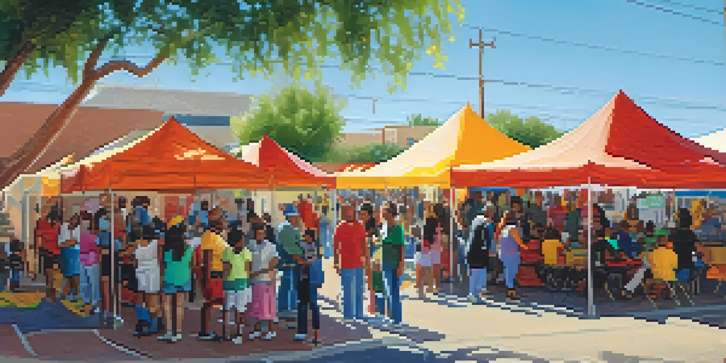 A lively community health fair in Tucson with colorful tents and diverse residents participating in health activities under bright sunlight.