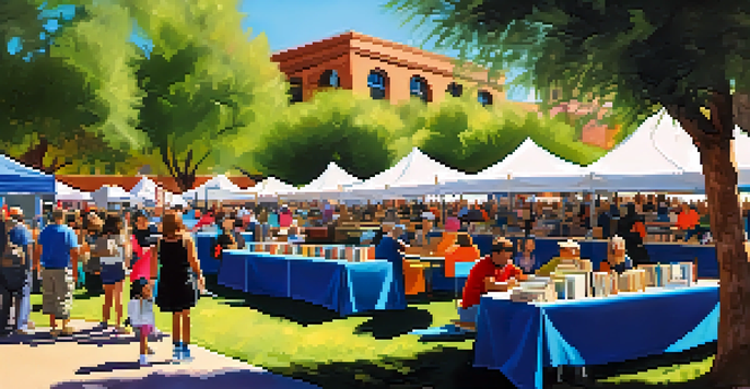 A lively outdoor book festival with colorful booths, diverse attendees, and children engaged in storytelling on a sunny day.