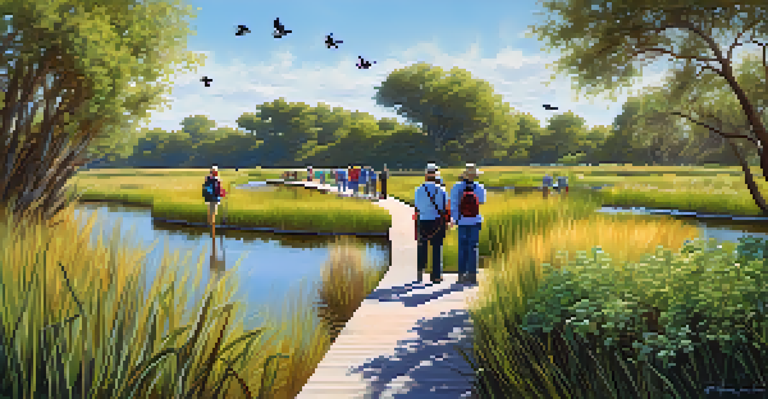 Visitors observing birds along an educational trail at Sweetwater Wetlands Park, surrounded by lush wetlands and blue skies.