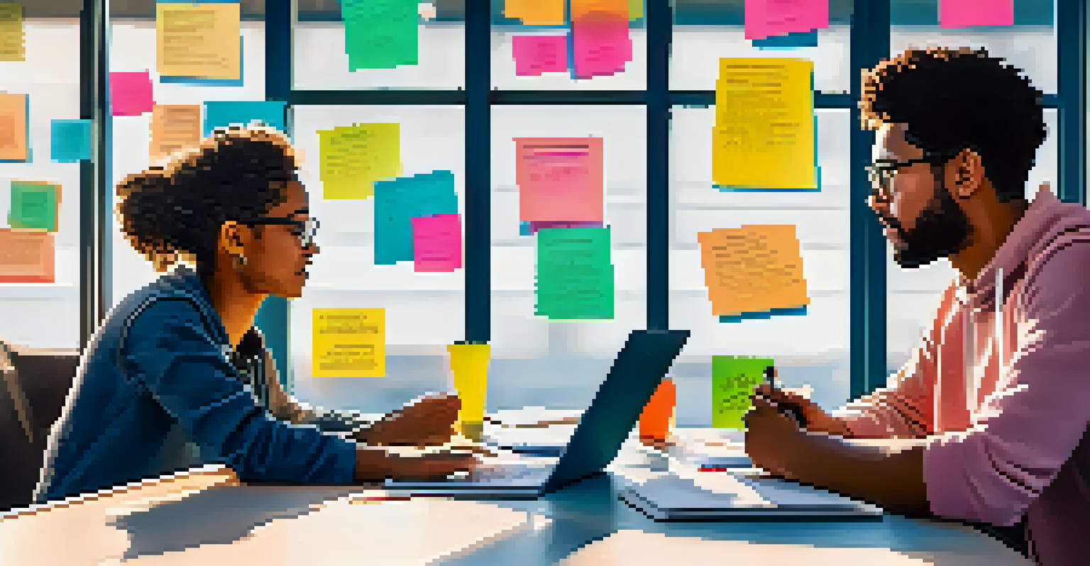 A mentor and entrepreneur discussing ideas at a table in a startup incubator, surrounded by laptops and a whiteboard full of notes.