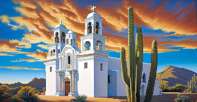A view of the San Xavier del Bac Mission with its white stucco exterior, intricate carvings, and surrounding desert landscape.