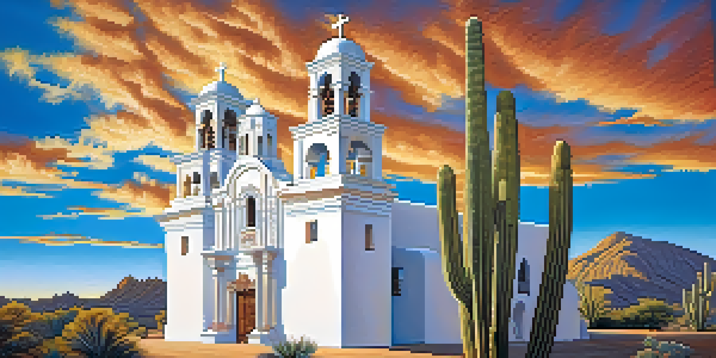 A view of the San Xavier del Bac Mission with its white stucco exterior, intricate carvings, and surrounding desert landscape.
