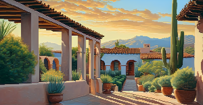 A scenic view of El Presidio district in Tucson, featuring adobe buildings and colorful flowers under a sunset sky.