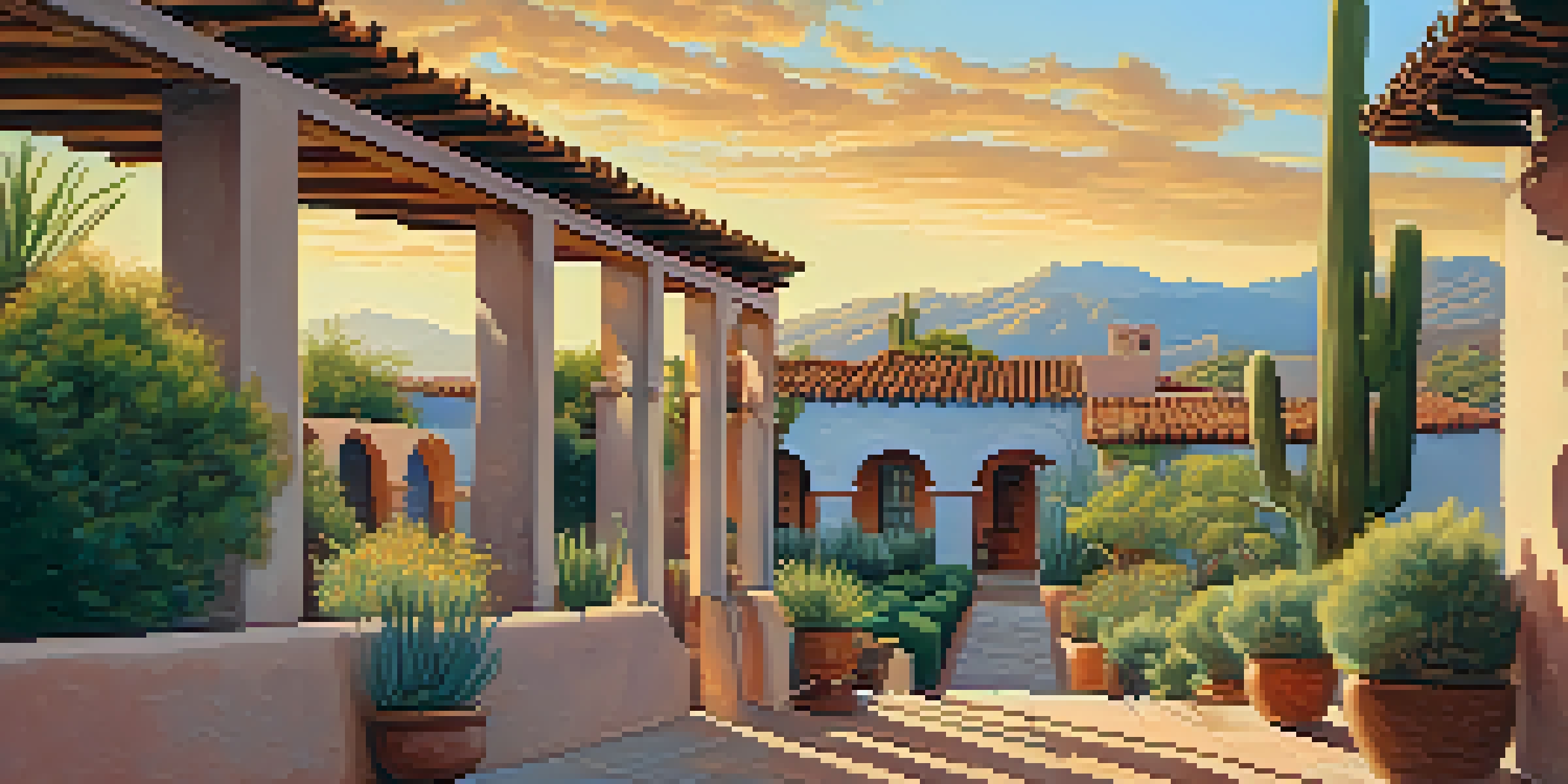 A scenic view of El Presidio district in Tucson, featuring adobe buildings and colorful flowers under a sunset sky.