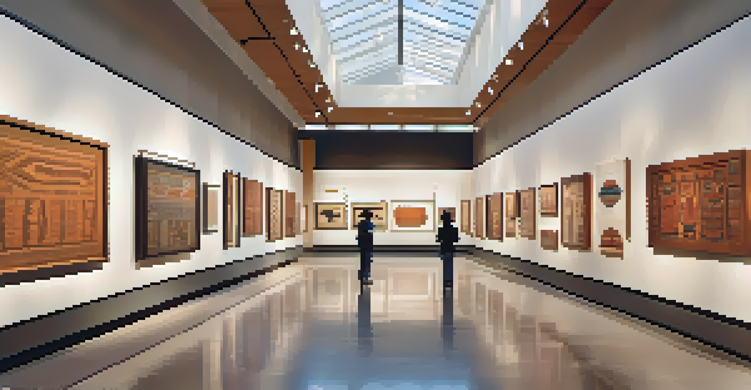 Inside the Arizona State Museum, showcasing indigenous art pieces in well-lit displays, with visitors appreciating the artworks.