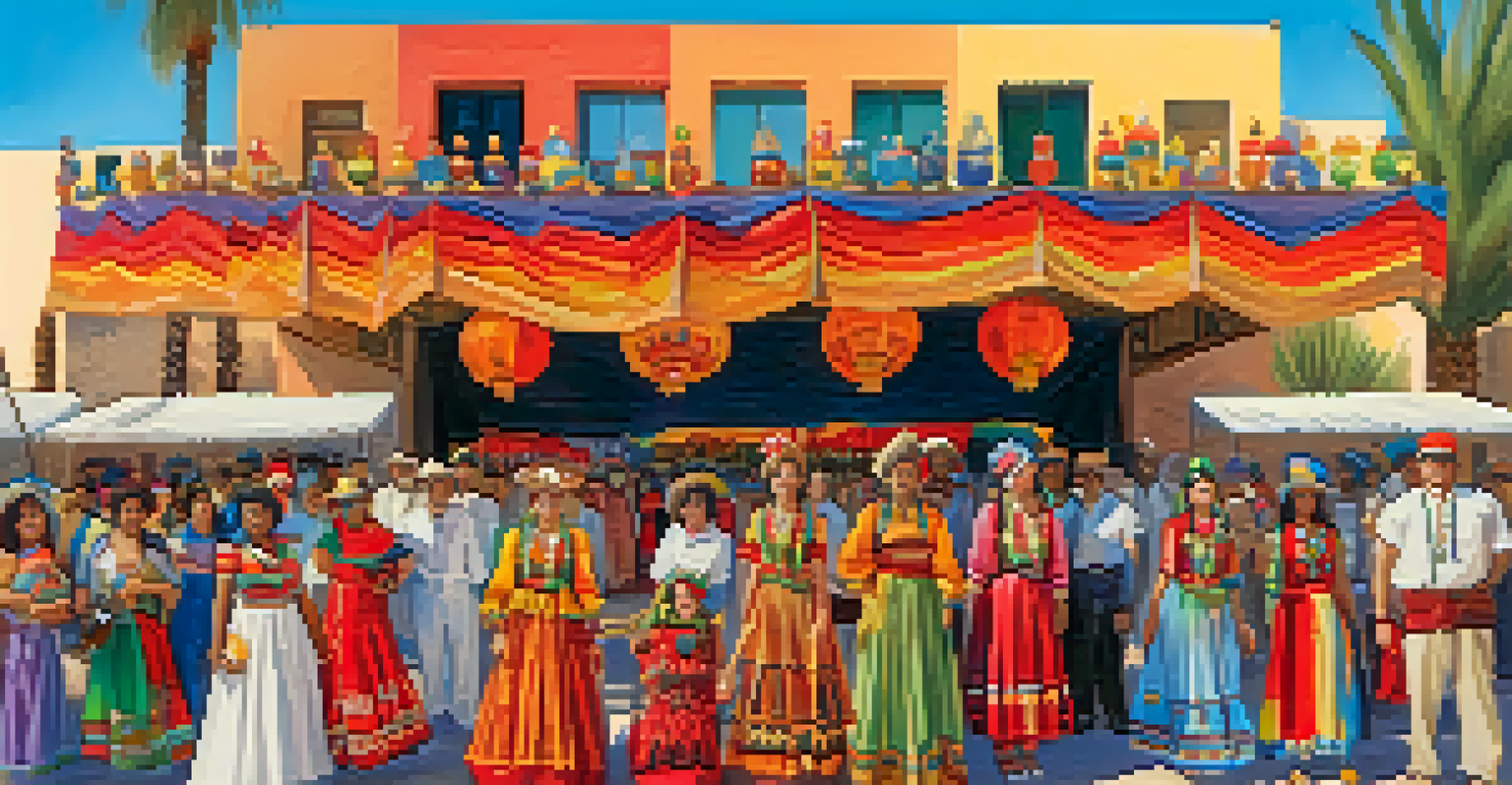 A cultural festival in Tucson with performers in traditional costumes and an audience enjoying the festivities under the sun.