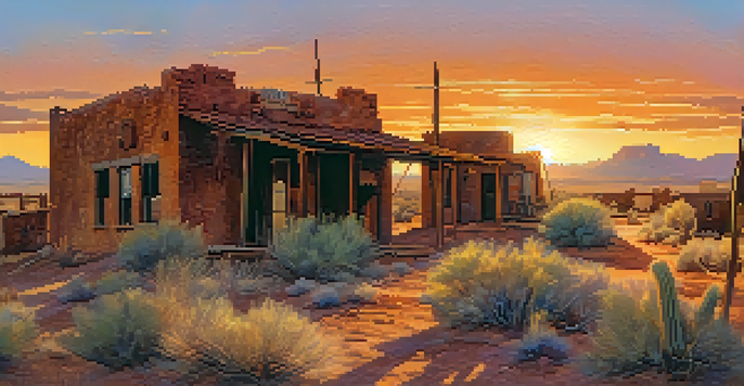 A ghost town in Arizona at sunset, showcasing crumbling buildings and desert plants with a colorful sky.