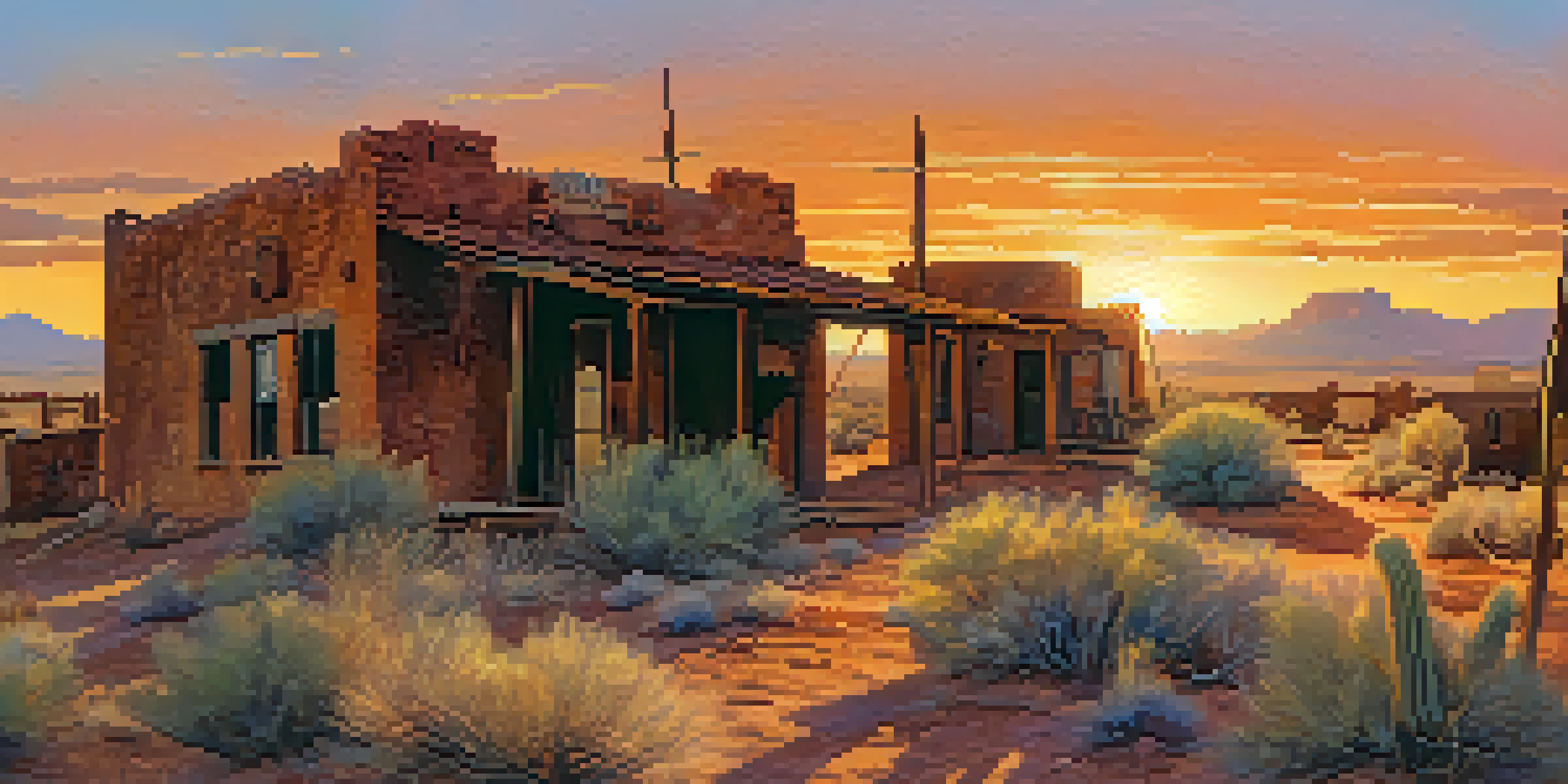 A ghost town in Arizona at sunset, showcasing crumbling buildings and desert plants with a colorful sky.