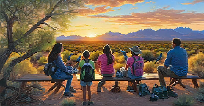 A family enjoying a wildlife education program outdoors, observing birds with binoculars under a colorful sunset in Tucson.