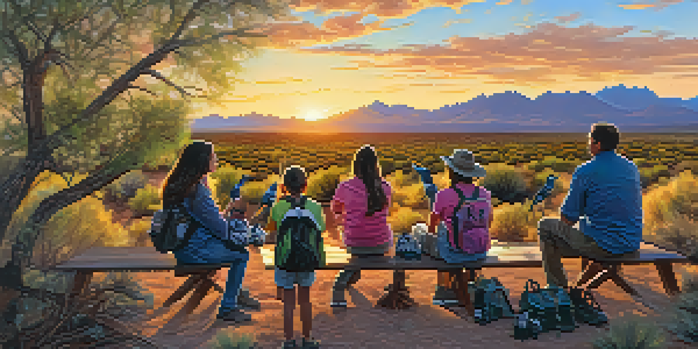 A family enjoying a wildlife education program outdoors, observing birds with binoculars under a colorful sunset in Tucson.