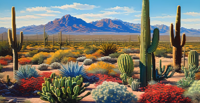 A colorful desert scene in Tucson, Arizona, with tall saguaro cacti and blooming desert flowers under a clear blue sky.