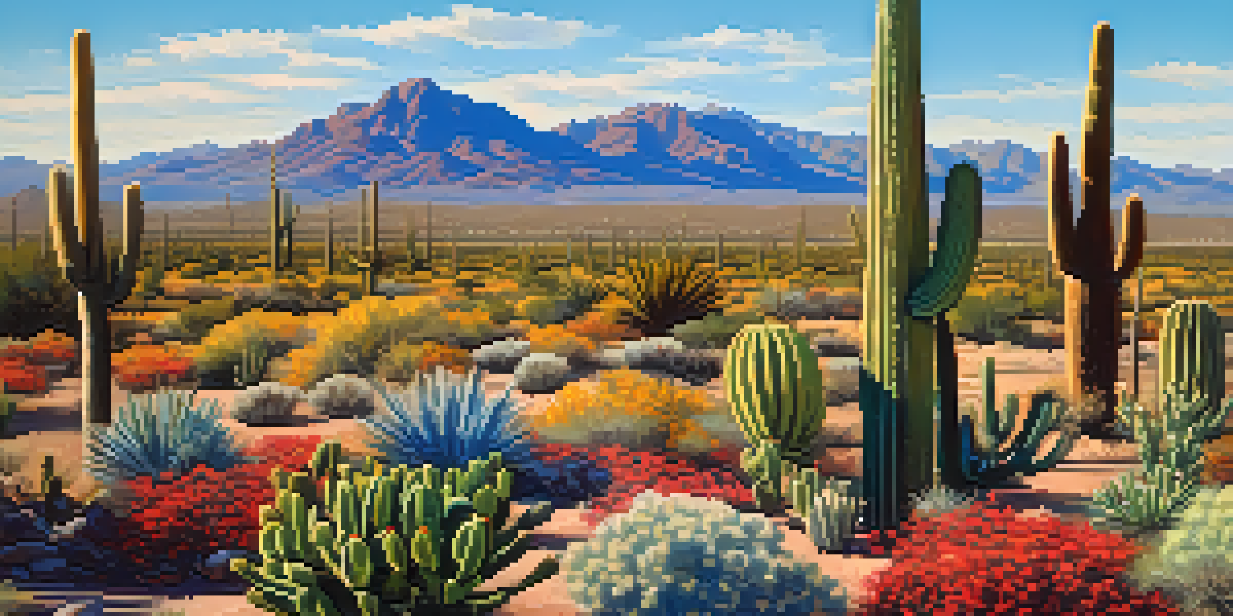 A colorful desert scene in Tucson, Arizona, with tall saguaro cacti and blooming desert flowers under a clear blue sky.