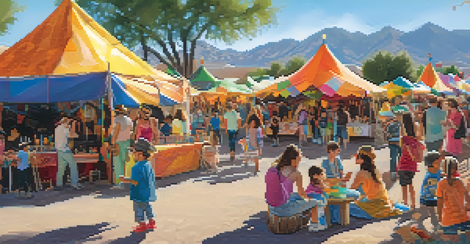 Children enjoying face painting and craft activities at the Tucson Folk Festival, with parents watching nearby performances in a colorful, festive environment.