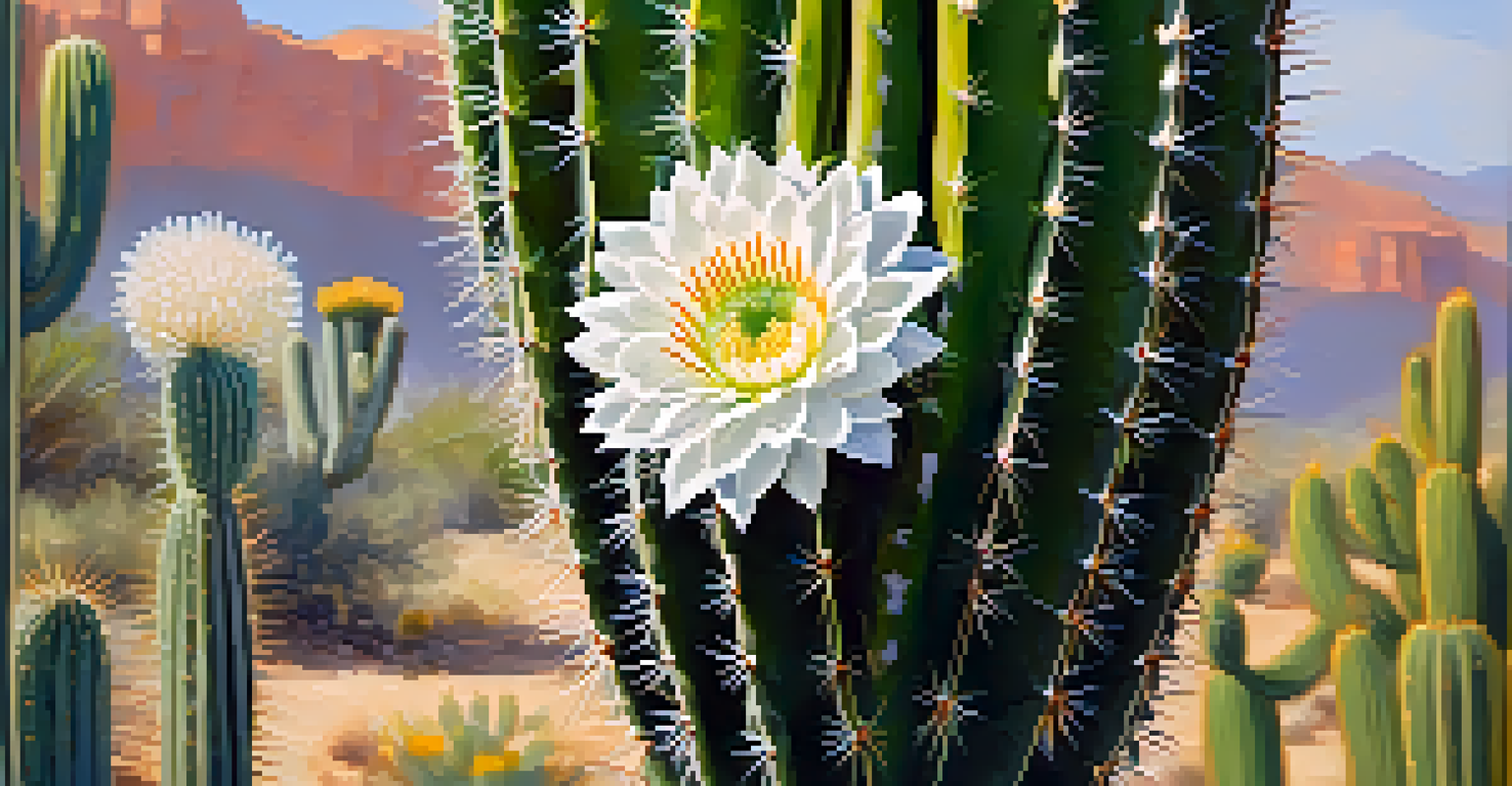 A close-up of a blooming saguaro cactus flower with soft sunlight illuminating its petals.