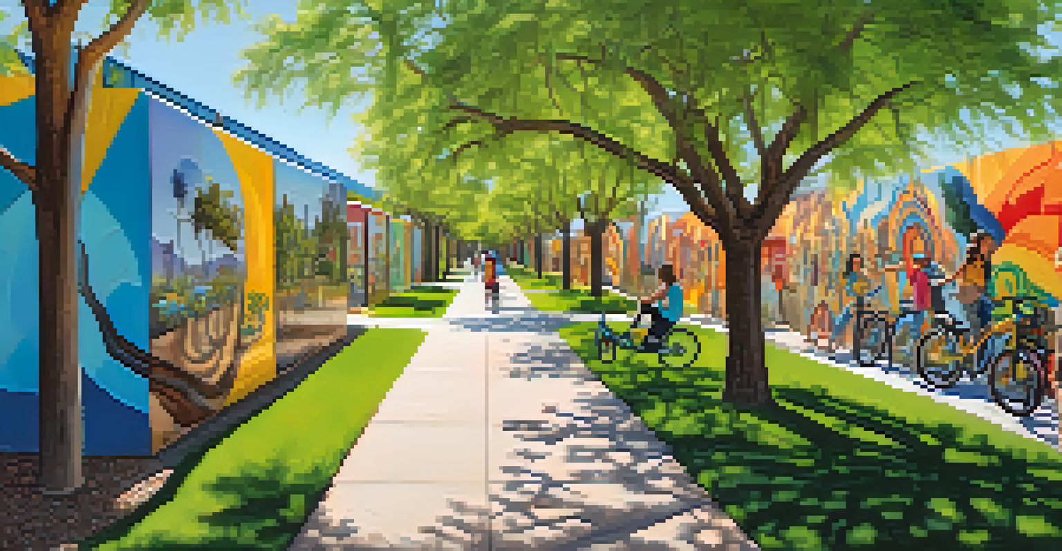 Colorful murals and sculptures along the rail trail, with families enjoying their time outdoors.