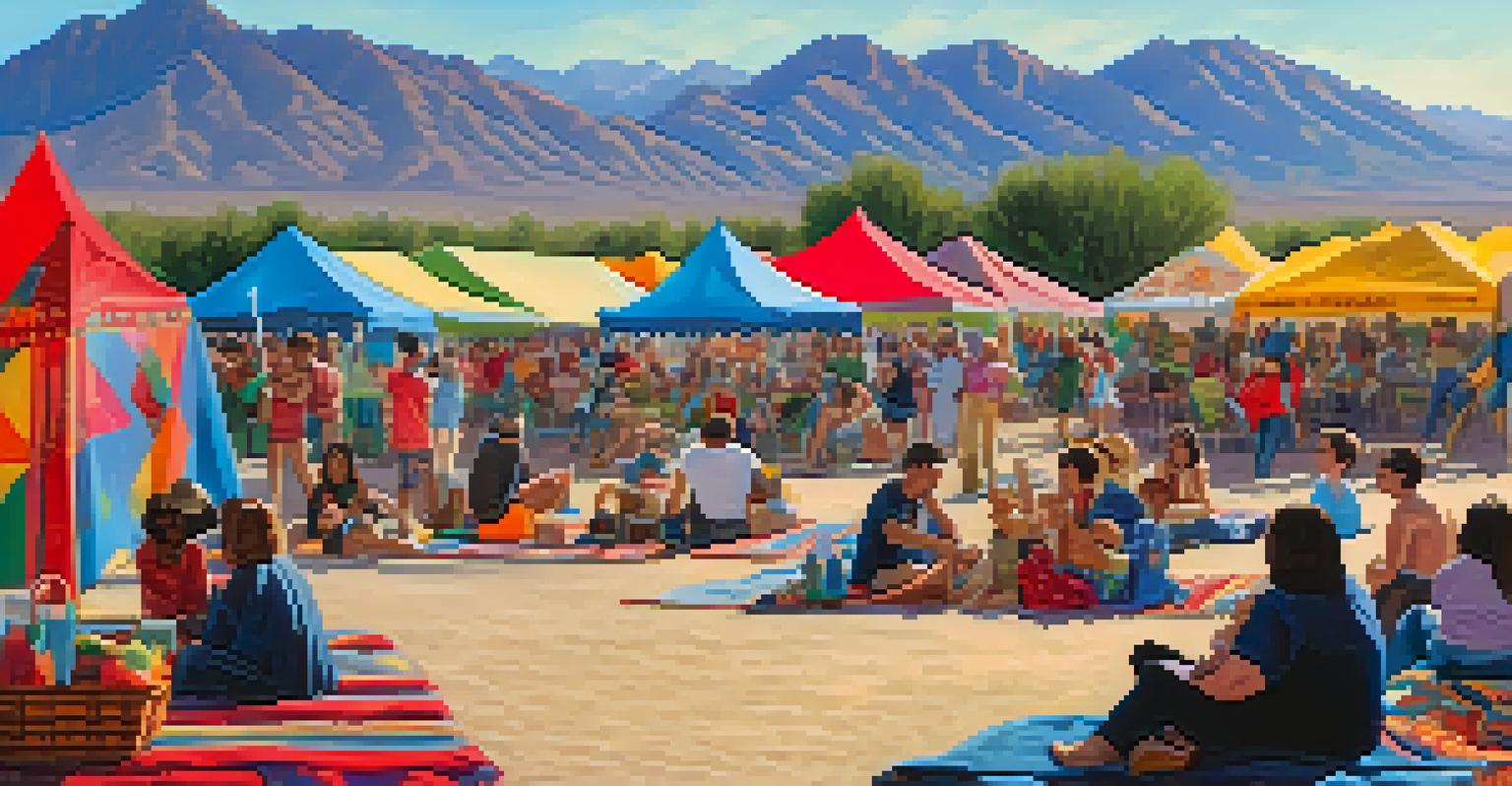 A scenic Tucson landscape with mountains and festival attendees enjoying a picnic, surrounded by colorful decorations.