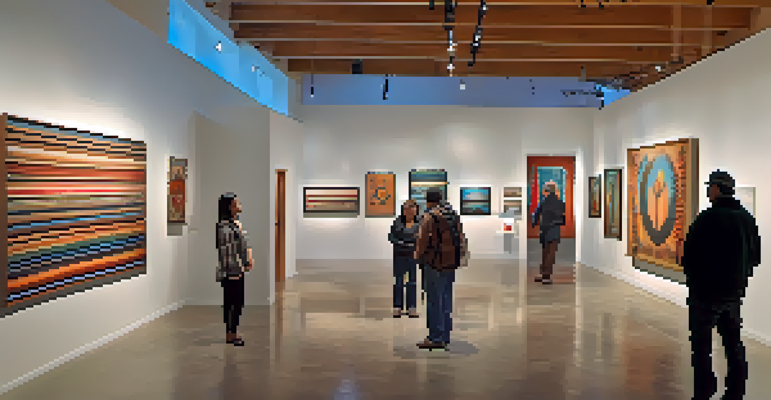 An art gallery in Tucson showcasing contemporary Native American artwork with visitors engaging in discussion.