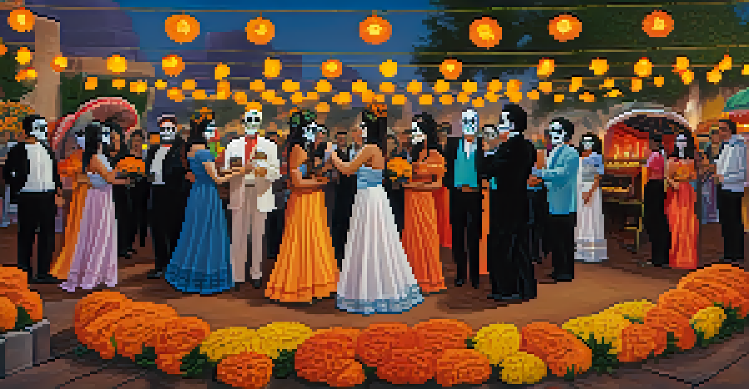 A festive outdoor scene of El Dia de los Muertos in Tucson with altars and traditional dancers.