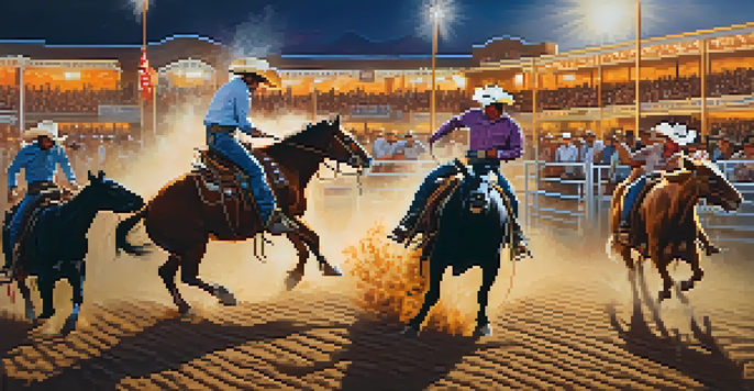A colorful rodeo scene with cowboys riding bulls and an enthusiastic crowd cheering.